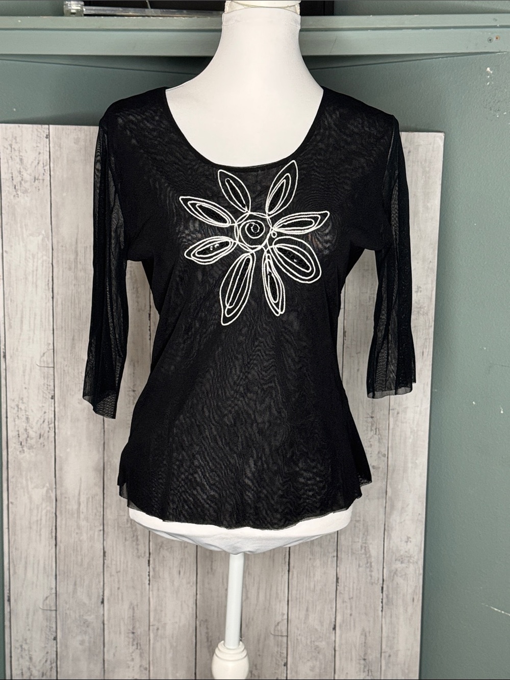 Romy Black Mesh Long Sleeve Top with White Floral Embroidery